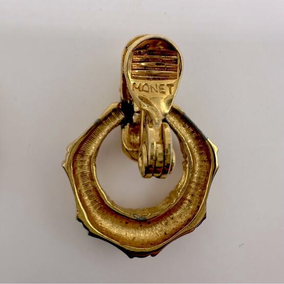 Vintage Monet Earrings Door Knocker Bamboo Earrings Clip On VTG 80s Gold tone - Picture 4 of 7